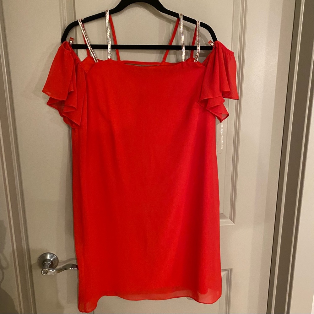 MSK Red Party Dress, off shoulder and sparkly detail Straps